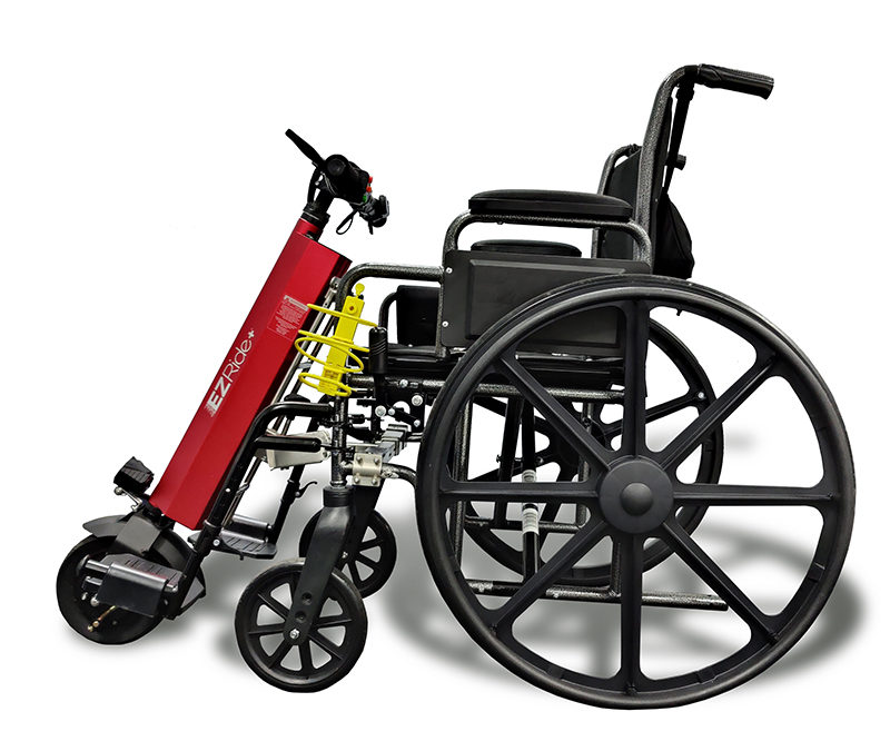 An image of the EZRide unit connected to a manual wheelchair - side